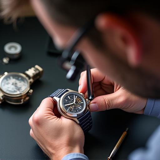 Pakar horologi memeriksa jam tangan dengan kanta pembesar.